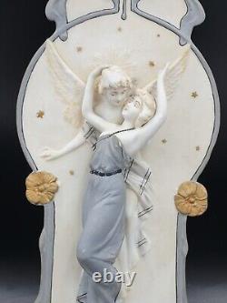Superbe Plaque murale Biscuit porcelaine Jeune femme & Ange Art Nouveau 1900 N°1