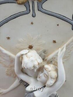 Superbe Plaque murale Biscuit porcelaine Jeune femme & Ange Art Nouveau 1900 N°1