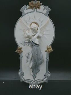 Superbe Plaque murale Biscuit porcelaine Jeune femme & Ange Art Nouveau 1900 N°2