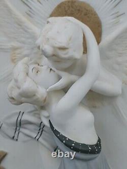 Superbe Plaque murale Biscuit porcelaine Jeune femme & Ange Art Nouveau 1900 N°2