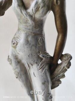 Superbe Sculpture Art Nouveau Femme Et Oiseau Métal Patiné Guillemin