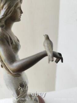 Superbe Sculpture Art Nouveau Femme Et Oiseau Métal Patiné Guillemin