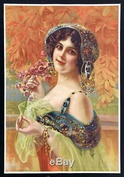 Superbe affiche Art-Nouveau Jeune Femme aux Bijoux de Gaspar Camps / 1900