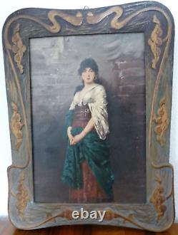Superbe ancienne peinture huile sur panneau femme cadre Art Nouveau