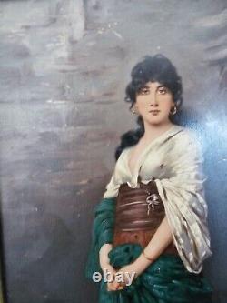 Superbe ancienne peinture huile sur panneau femme cadre Art Nouveau