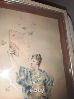 Superbe aquarelle femme japonisant époque art nouveau 1900 mucha impressionniste