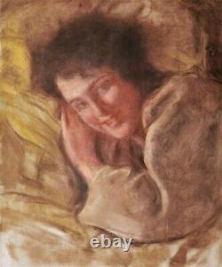 Tableau 1900 Art Nouveau portrait jeune femme fille sourire allongé lit oreiller