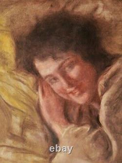 Tableau 1900 Art Nouveau portrait jeune femme fille sourire allongé lit oreiller