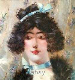 Tableau Ancien Art Nouveau Huile Portrait Femme Mode Fleur Georges Payen Suisse