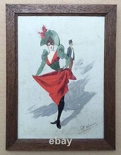 Tableau Ancien Art Nouveau Paolo Henri Scène Femme Théâtre Mode Costume c. 1900