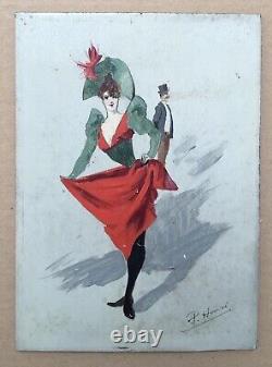 Tableau Ancien Art Nouveau Paolo Henri Scène Femme Théâtre Mode Costume c. 1900