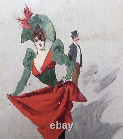 Tableau Ancien Art Nouveau Paolo Henri Scène Femme Théâtre Mode Costume c. 1900