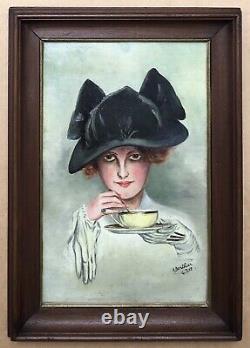 Tableau Ancien Huile Art Nouveau Berthier Portrait Femme Mode Chapeau Tasse Thé