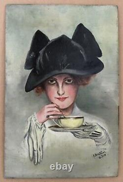 Tableau Ancien Huile Art Nouveau Berthier Portrait Femme Mode Chapeau Tasse Thé