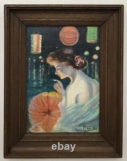 Tableau Ancien Huile Art Nouveau De Vos Portrait Femme Epaule Nue Nuit Lampions