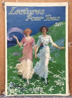 Tableau Ancien Huile René LELONG (1871-1933) Femmes Art Nouveau Paysage 1913