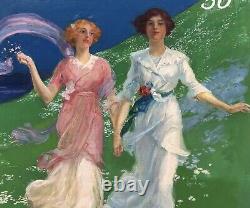 Tableau Ancien Huile René LELONG (1871-1933) Femmes Art Nouveau Paysage 1913