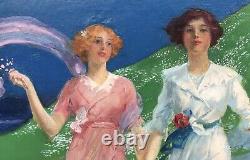Tableau Ancien Huile René LELONG (1871-1933) Femmes Art Nouveau Paysage 1913