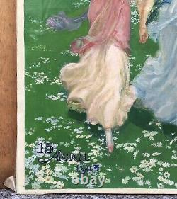 Tableau Ancien Huile René LELONG (1871-1933) Femmes Art Nouveau Paysage 1913