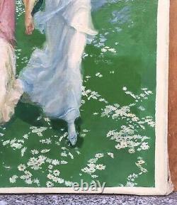 Tableau Ancien Huile René LELONG (1871-1933) Femmes Art Nouveau Paysage 1913