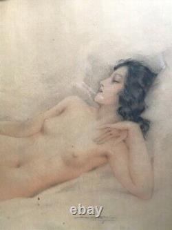 Tableau Fusain / Aquarelle NU FEMME ENDORMIE par Léon LAUNAY (1890-1956)