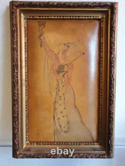 Tableau Peinture Dessin Aquarelle Femme Art Deco Nouveau Sur Cuir