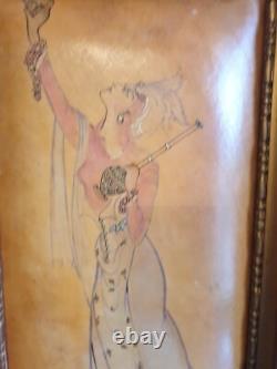 Tableau Peinture Dessin Aquarelle Femme Art Deco Nouveau Sur Cuir