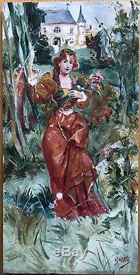 Tableau Peinture Huile Portrait Art Nouveau Femme Rousse Château Fleurs Bouquet