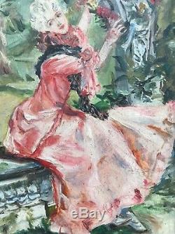 Tableau Peinture Huile Portrait Jeune Femme Robe Rose Portrait Art Nouveau 1900