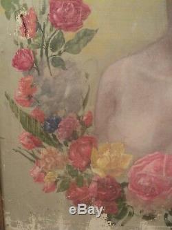 Tableau Portrait Femme Nue aux Roses 1900 Art Nouveau / Nude Fleurs Jugendstil