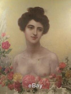 Tableau Portrait Femme Nue aux Roses 1900 Art Nouveau / Nude Fleurs Jugendstil