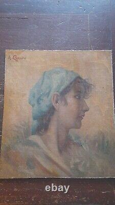 Tableau art nouveau huile sur papier femme de profil a carrière 31 x 27.5 cm