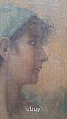 Tableau art nouveau huile sur papier femme de profil a carrière 31 x 27.5 cm