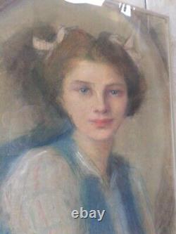 Tableau-dessin/pastel-Portrait jeune femme-Art nouveau-cadre-drawing