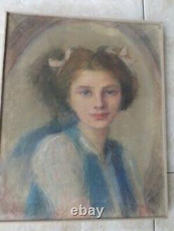 Tableau-dessin/pastel-Portrait jeune femme-Art nouveau-cadre-drawing