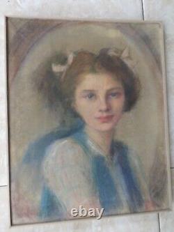 Tableau-dessin/pastel-Portrait jeune femme-Art nouveau-cadre-drawing