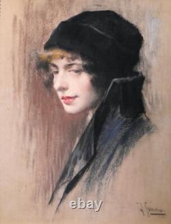Tableau dessin pastel portrait femme Andrés Gimeno Art Nouveau Espagne