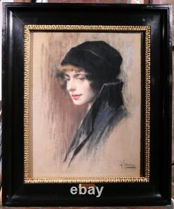 Tableau dessin pastel portrait femme Andrés Gimeno Art Nouveau Espagne