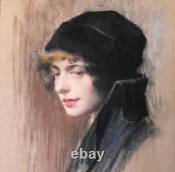 Tableau dessin pastel portrait femme Andrés Gimeno Art Nouveau Espagne