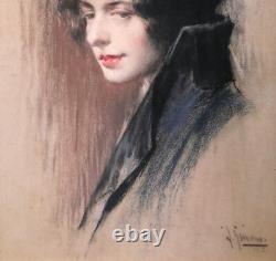 Tableau dessin pastel portrait femme Andrés Gimeno Art Nouveau Espagne