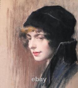Tableau dessin pastel portrait femme Andrés Gimeno Art Nouveau Espagne