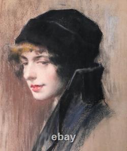 Tableau dessin pastel portrait femme Andrés Gimeno Art Nouveau Espagne