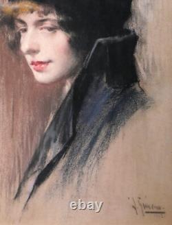 Tableau dessin pastel portrait femme Andrés Gimeno Art Nouveau Espagne