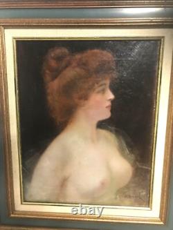 Tableau époque art nouveau femme aux seins nus signé Henri Rondel