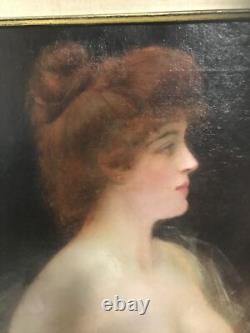 Tableau époque art nouveau femme aux seins nus signé Henri Rondel