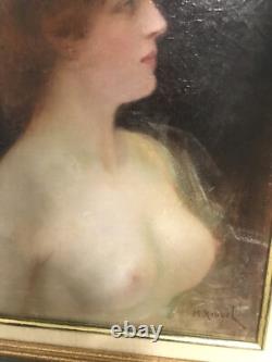 Tableau époque art nouveau femme aux seins nus signé Henri Rondel