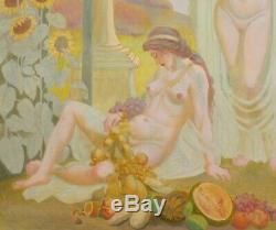 Tableau huile toile paysage symboliste femme nue symbolisme Art Nouveau 1900