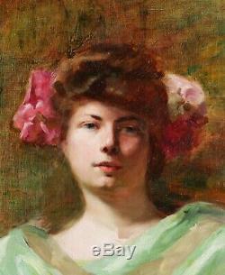 Tableau peintre lyonnais Albert André portrait jeune femme Art Nouveau 1900 LYON