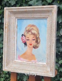 Tableau signé. Portrait Femme Élégante Peinture huile sur panneau d'isorel