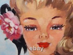 Tableau signé. Portrait Femme Élégante Peinture huile sur panneau d'isorel